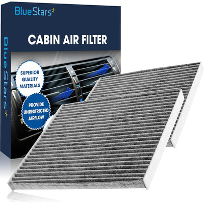 Blue Stars activated carbon cabin air filter with product packaging box.