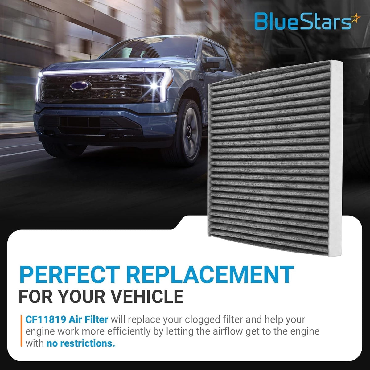 CF11819 CP819 activated carbon cabin air filter replacement for vehicle with truck background.