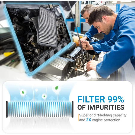 Mechanics installing a CF11819 CP819 activated cabin air filter in a car engine bay.