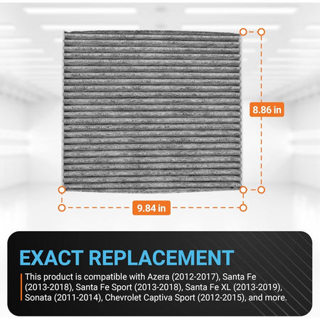 CF11819 activated carbon cabin air filter showing 8.86 inch by 9.84 inch dimensions and vehicle compatibility list.