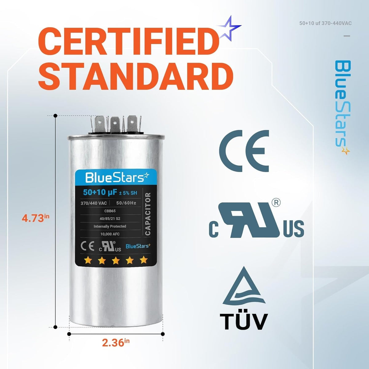 50+10 uF CBB65B dual run capacitor with 4.73-inch height and 2.36-inch diameter dimensions and safety certifications.