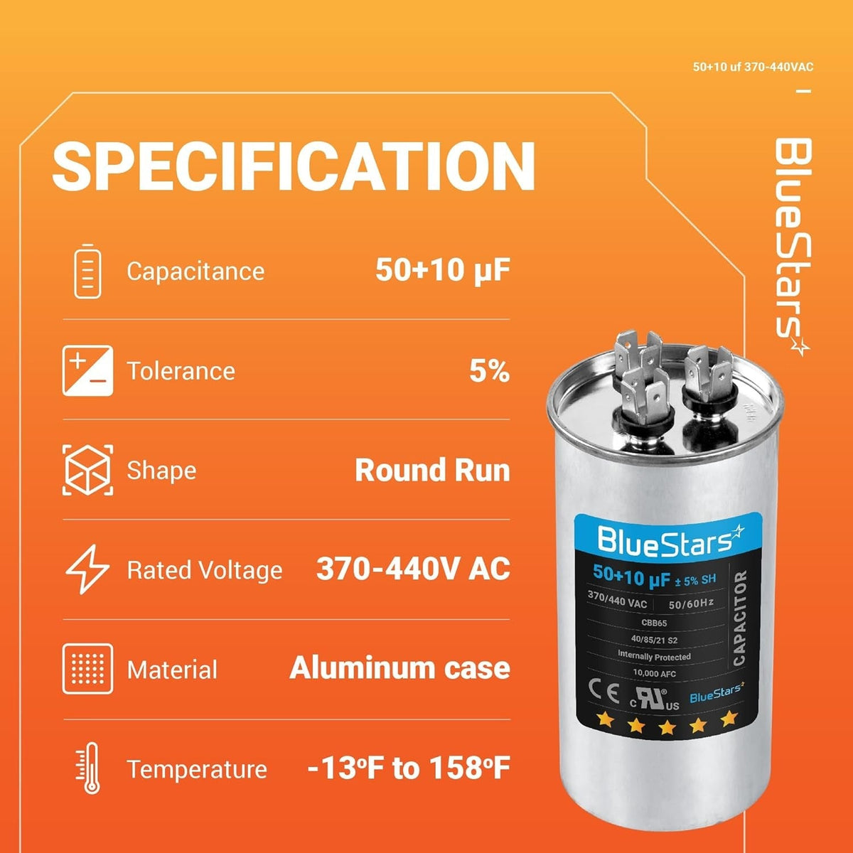 Specification chart for 50+10 uF 370/440 VAC CBB65B dual run capacitor with technical details.