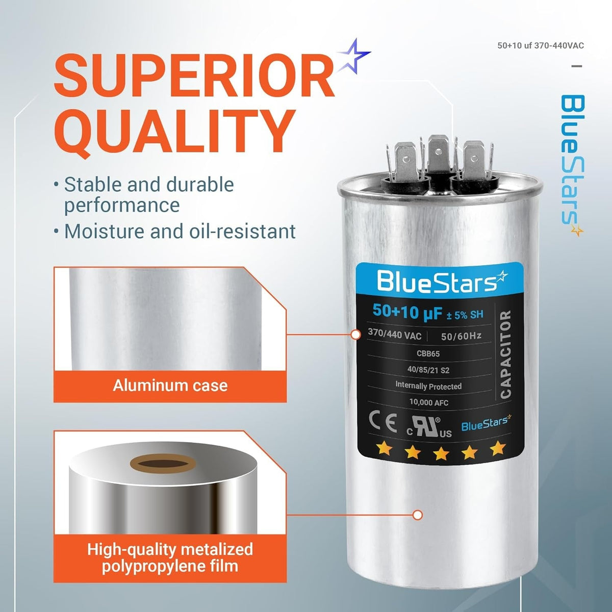 BlueStars 50+10 uF 370/440 VAC dual run capacitor with aluminum case and metalized polypropylene film construction.
