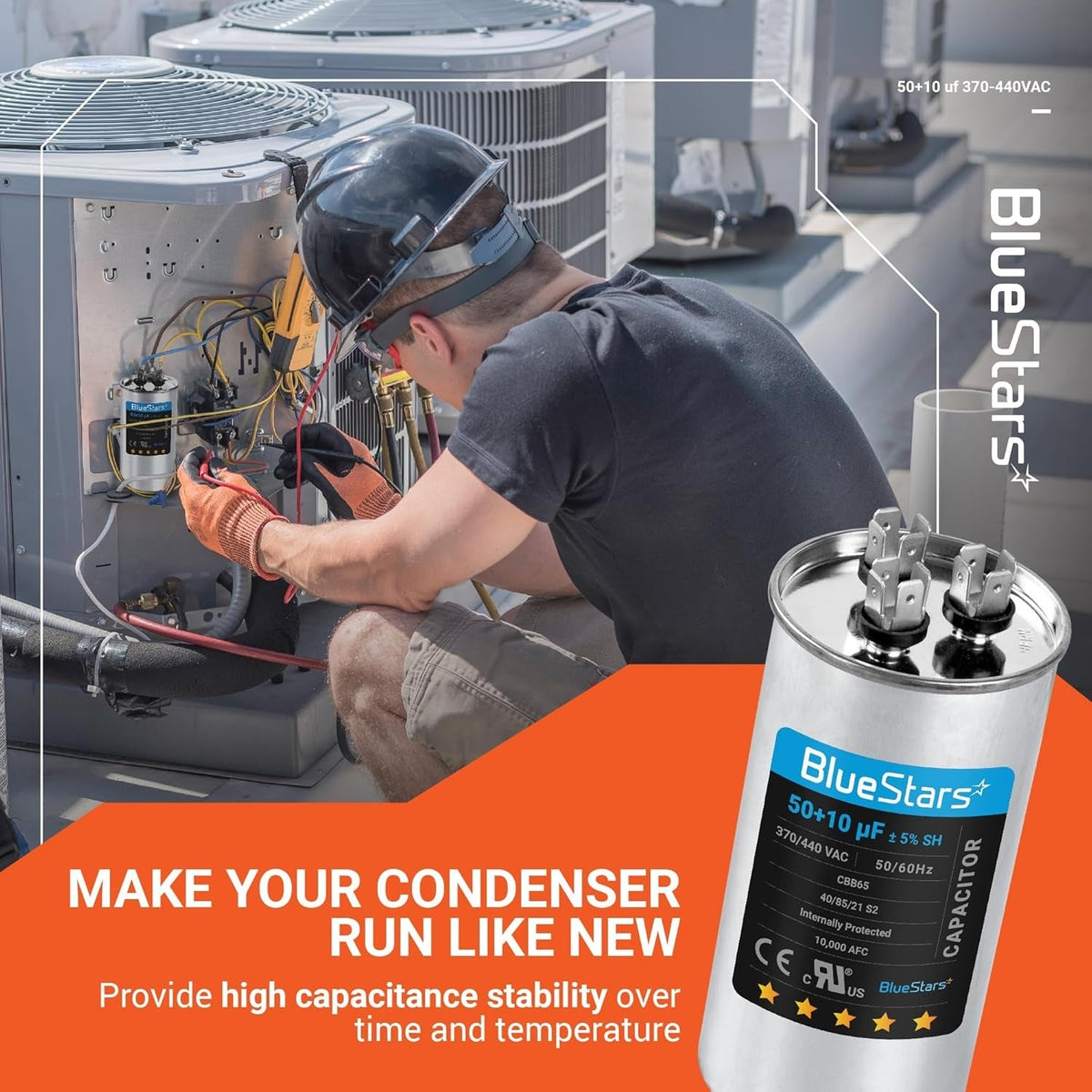 BlueStars 50+10 uF 370/440 VAC dual run capacitor being installed by a technician in an HVAC condenser unit.