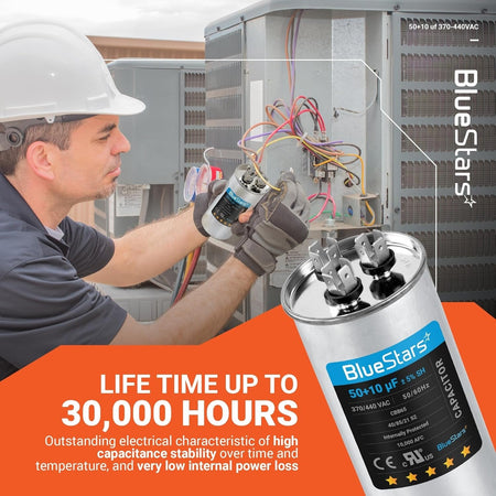 Technician installing a 50+10 uF 370/440 VAC dual run capacitor in an HVAC condenser unit.