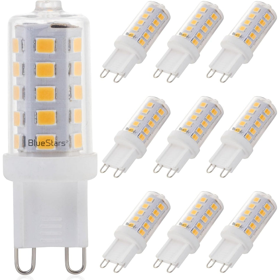 Pack of 10 dimmable 4W G9 LED bulbs with warm white light and no-flicker technology.