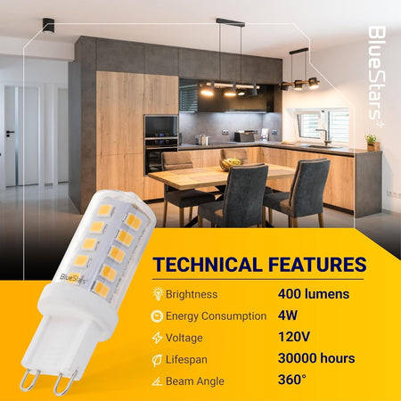 Close-up of a 4W dimmable G9 LED bulb with a technical features chart and kitchen background.