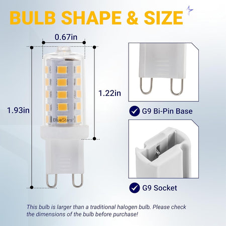 Dimensional diagram of G9 LED bulb showing height, width, bi-pin base, and G9 socket compatibility.