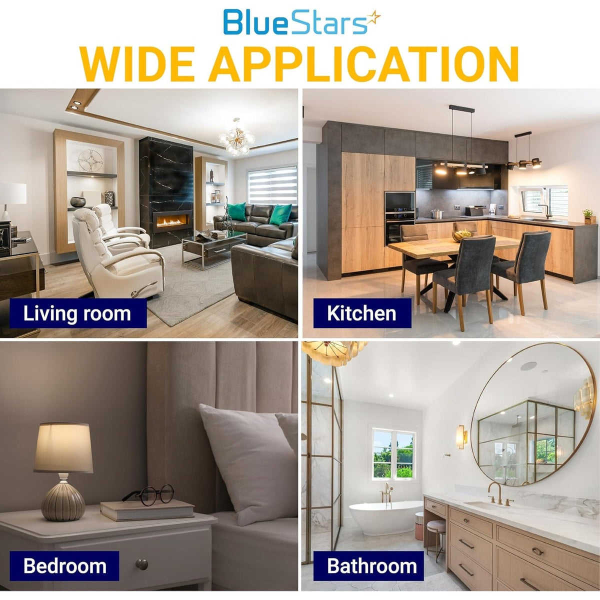 Collage showing G9 LED bulbs used in living room, kitchen, bedroom, and bathroom lighting applications.
