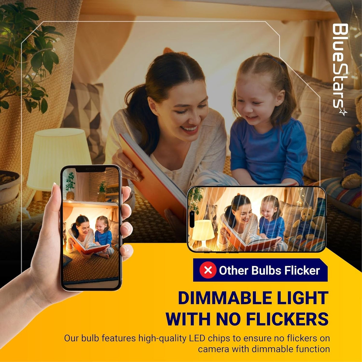 Comparison graphic showing G9 LED bulbs providing flicker-free dimmable lighting for a cozy reading environment.
