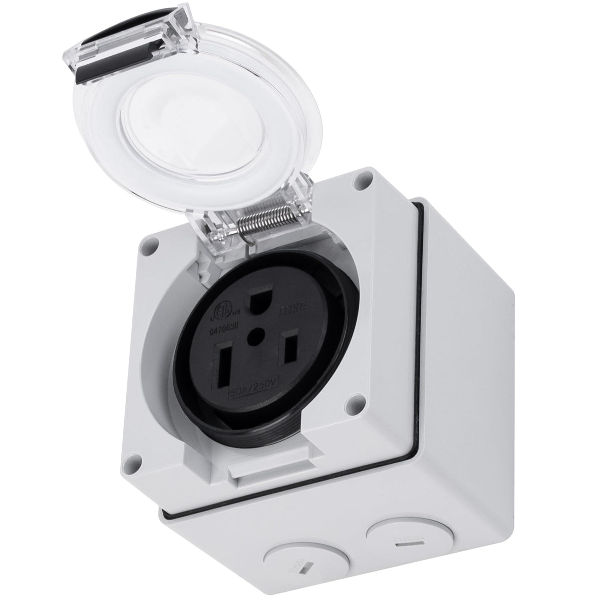NEMA 6-50R outdoor power outlet box with a clear protective flip cover and 50A 250V receptacle.