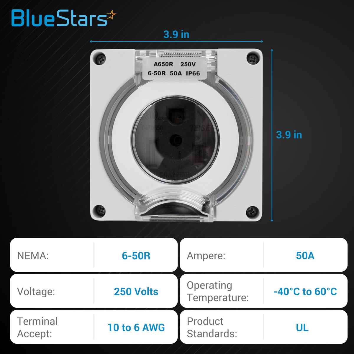NEMA 6-50R outdoor power outlet box with 3.9-inch dimensions and technical specifications chart.