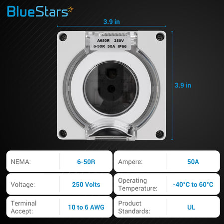 NEMA 6-50R outdoor power outlet box with 3.9-inch dimensions and technical specifications chart.
