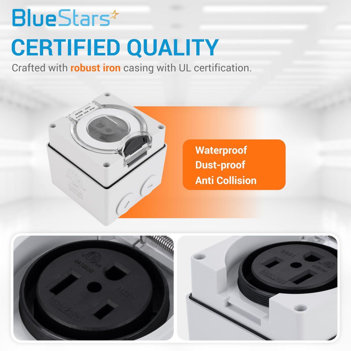 NEMA 6-50R outdoor power outlet box with waterproof cover and close-up views of the 50A 250V receptacle interior.