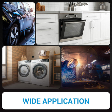 Collage showing NEMA 6-50R power outlet applications for EV charging, electric ovens, laundry dryers, and welding equipment.