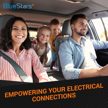 BlueStars lifestyle graphic featuring a happy family in a car with the text Empowering Your Electrical Connections.