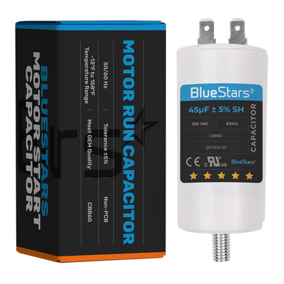 45 uF 250 VAC CBB60 motor run capacitor with terminal connectors and mounting screw next to its product packaging box.