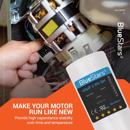 45uF 250VAC CBB60 run capacitor with terminal connectors shown in a motor repair application.