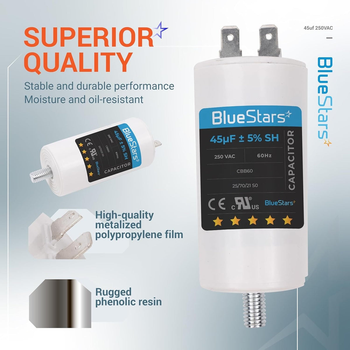 BlueStars 45uF 250VAC CBB60 run capacitor with screw stud and terminal connectors, shown in a product feature graphic.