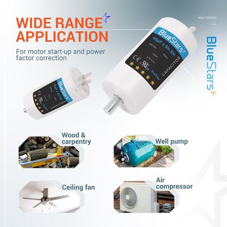 BlueStars 45uF 250VAC CBB60 run capacitor infographic showing motor applications for pumps, fans, and compressors.