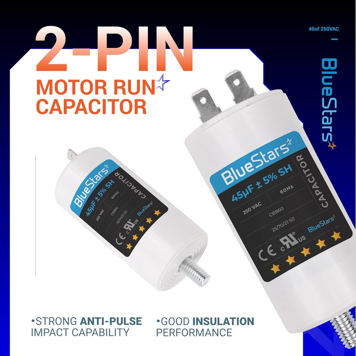 Two 45uF 250VAC CBB60 2-pin motor run capacitors with mounting screws for AC motors and water pumps.