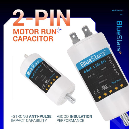 Two 45uF 250VAC CBB60 2-pin motor run capacitors with mounting screws for AC motors and water pumps.
