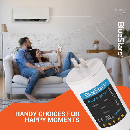 45 uF 250 VAC CBB60 run capacitor for AC motors shown in a lifestyle graphic with a couple relaxing at home.