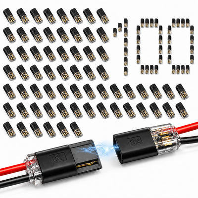 Pack of 100 2-pin low voltage quick wire splice connectors with locking buckle and two connected wires.