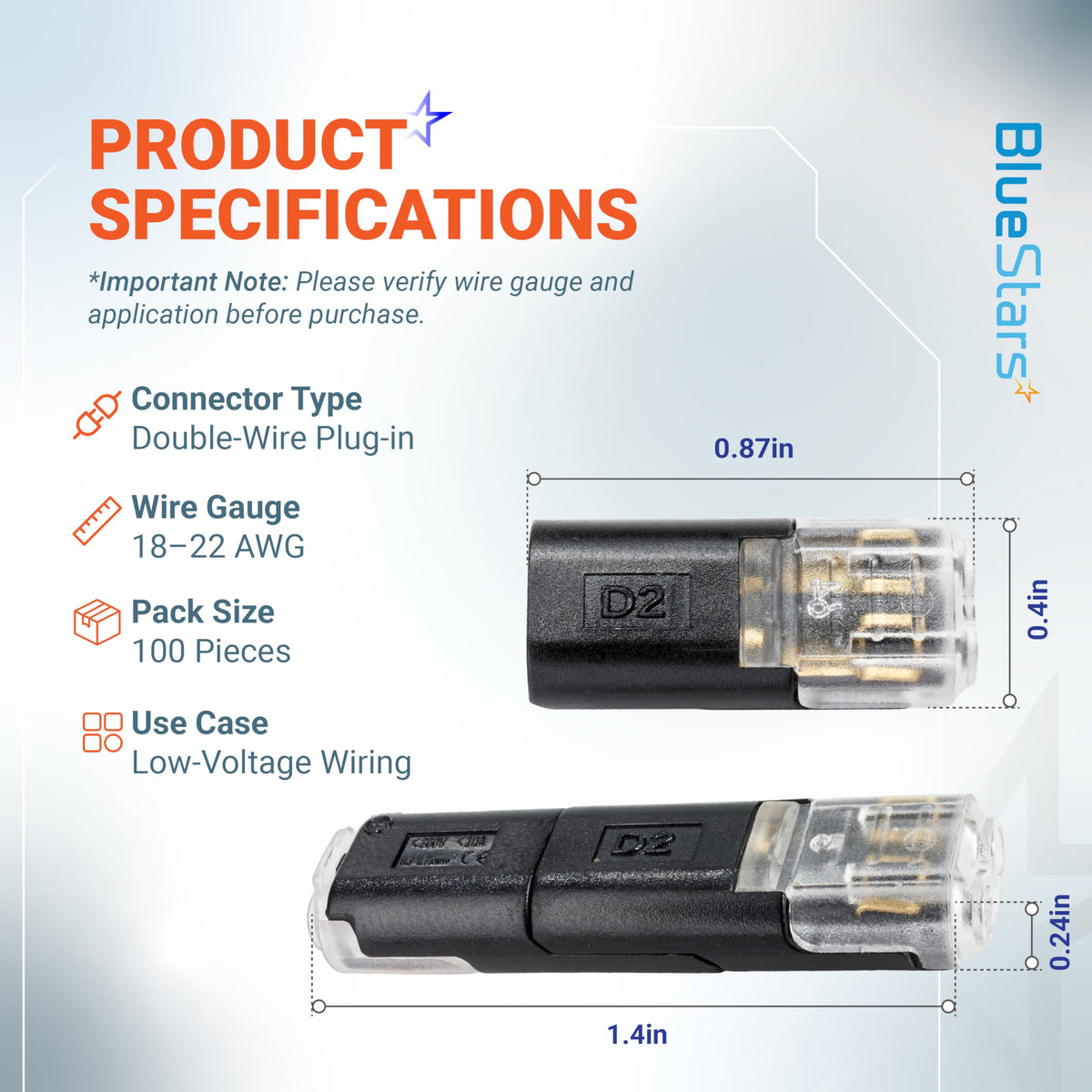 BlueStars D2 double-wire plug-in connector specifications chart showing dimensions and 18-22 AWG wire compatibility.