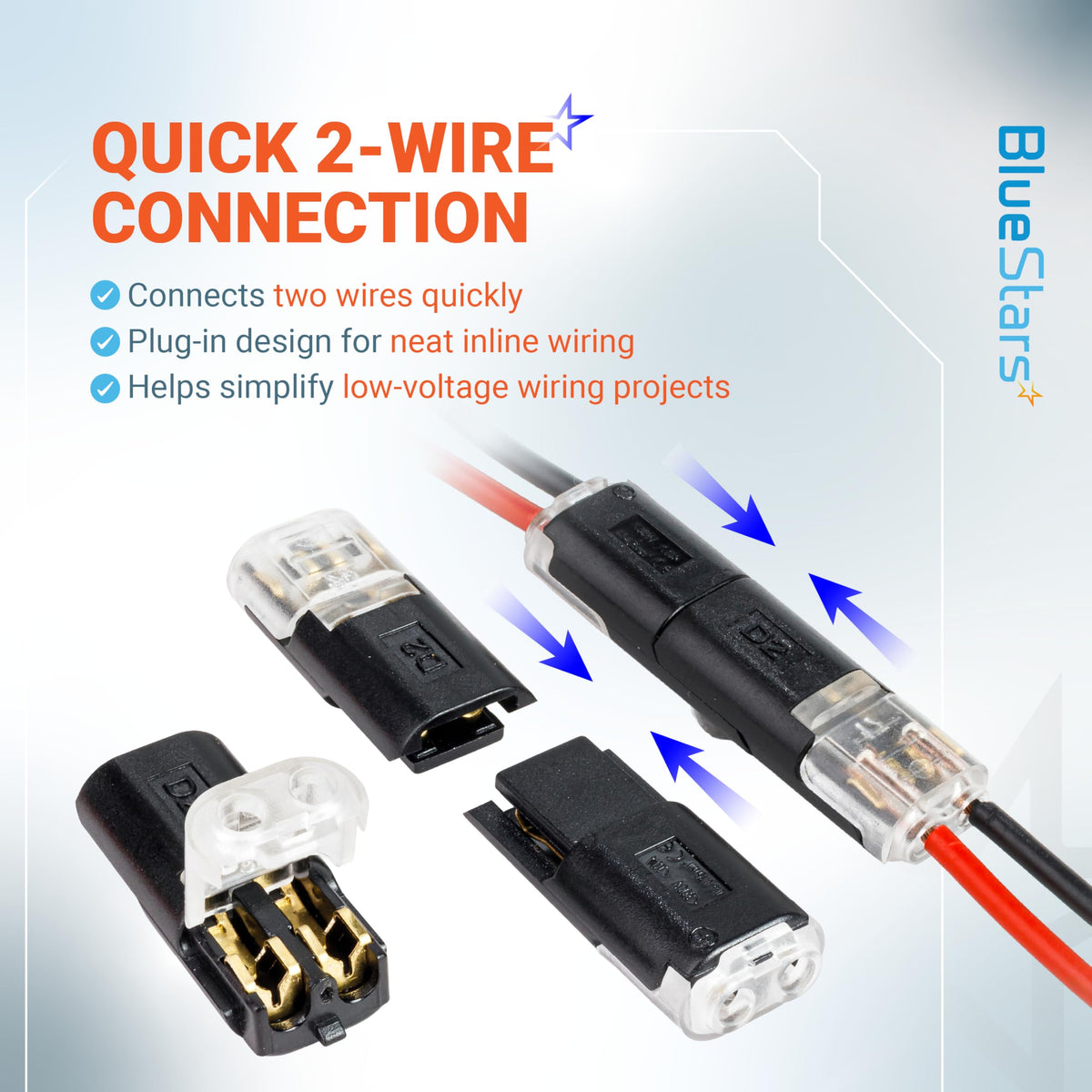 Quick 2-wire inline connector set showing open and closed plug-in design for low-voltage wiring projects.
