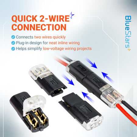 Quick 2-wire inline connector set showing open and closed plug-in design for low-voltage wiring projects.