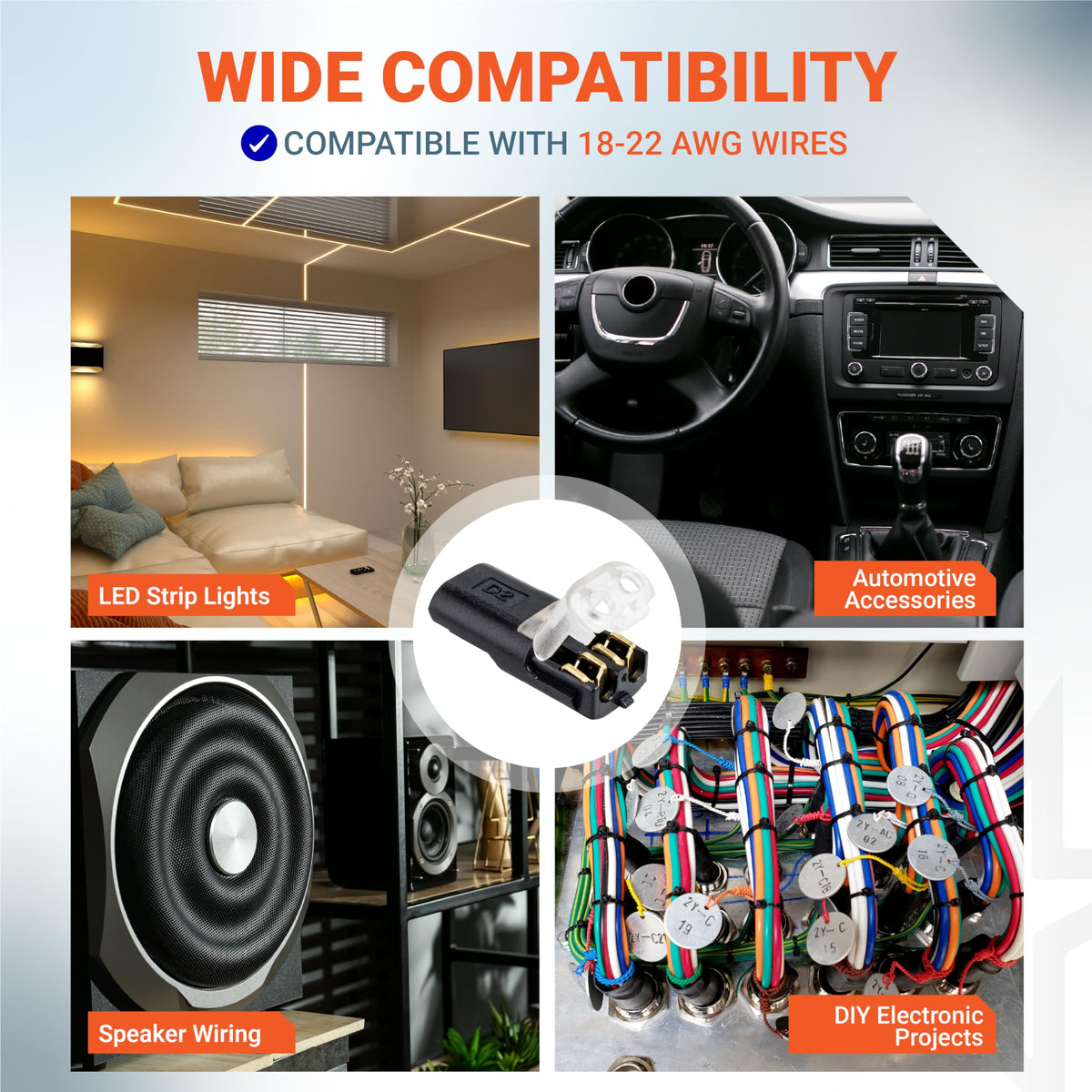 Wire connector compatible with 18-22 AWG wires shown in a collage with LED, automotive, speaker, and DIY applications.