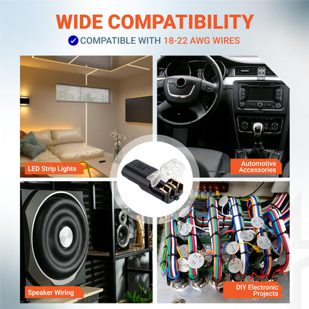 Wire connector compatible with 18-22 AWG wires shown in a collage with LED, automotive, speaker, and DIY applications.