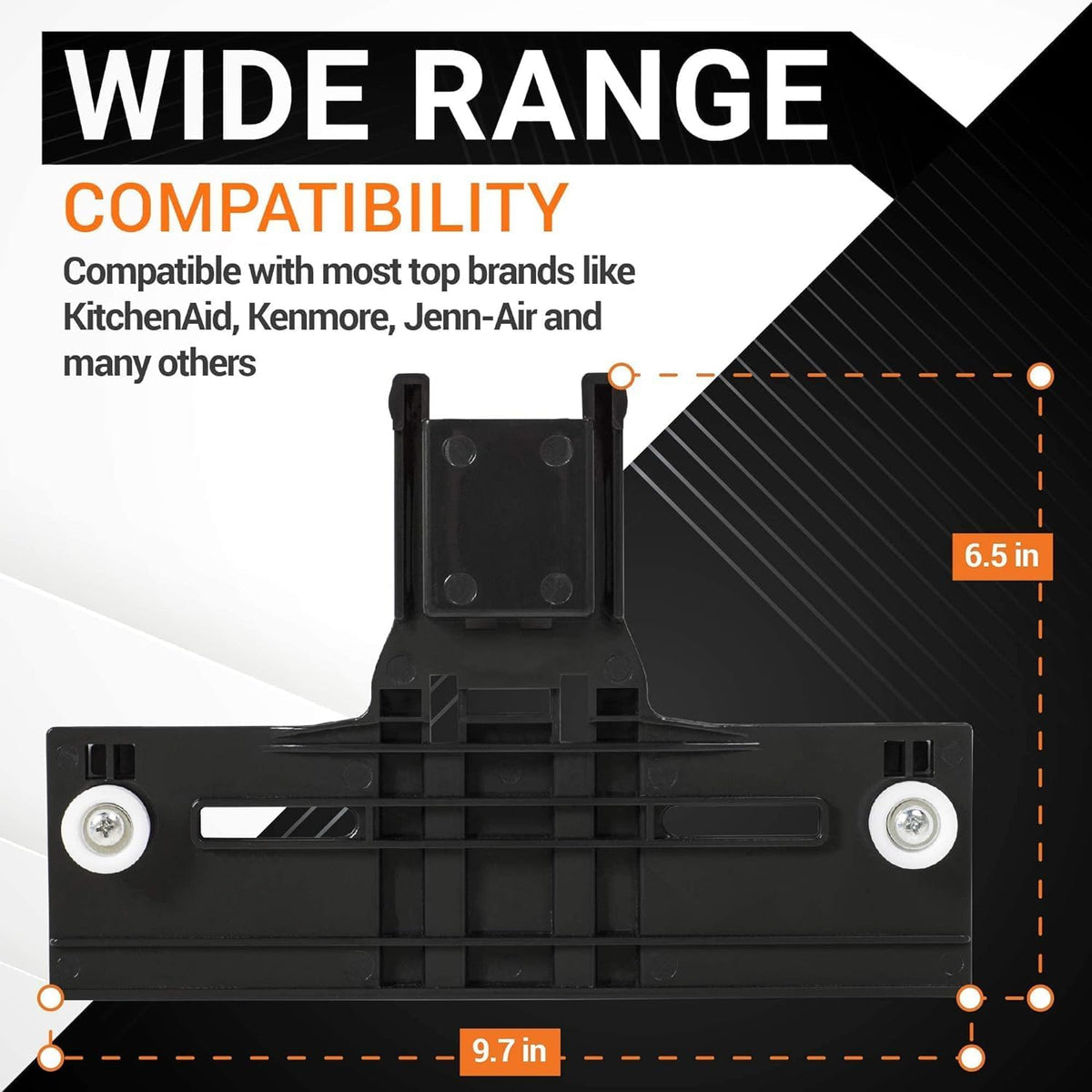 Dishwasher top rack adjuster showing 9.7-inch width and 6.5-inch height dimensions for compatibility reference.