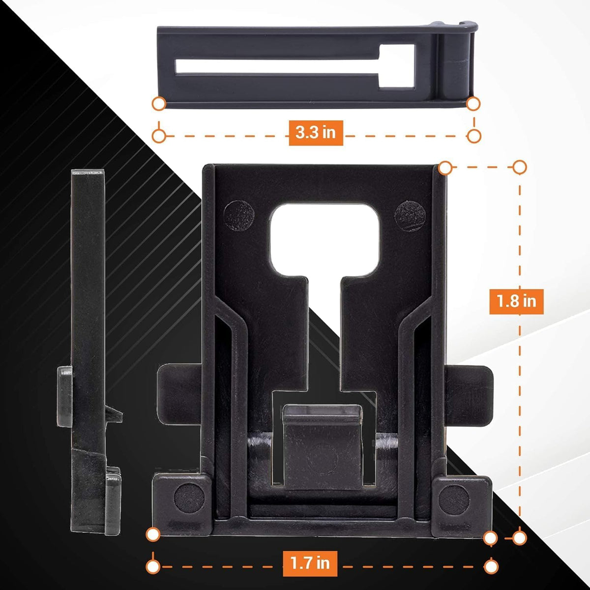 Black dishwasher top rack adjuster component with labeled dimensions for Whirlpool and Kenmore appliances.