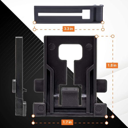 Black dishwasher top rack adjuster component with labeled dimensions for Whirlpool and Kenmore appliances.