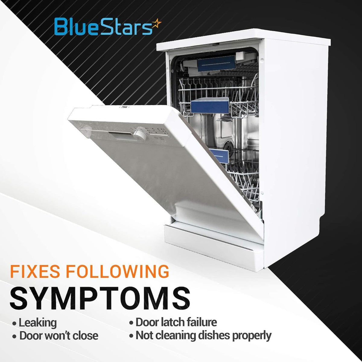 White dishwasher with open door showing symptoms fixed by W10350376 rack adjuster kit for Whirlpool and Kenmore models.