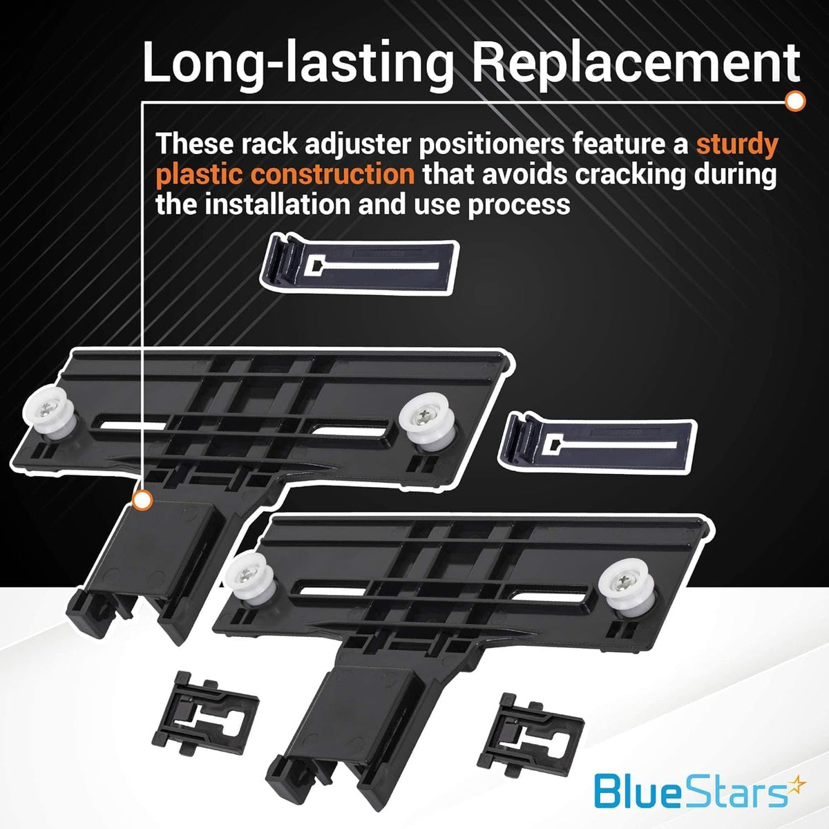 Infographic showing durable plastic dishwasher top rack adjuster and positioner kit components.