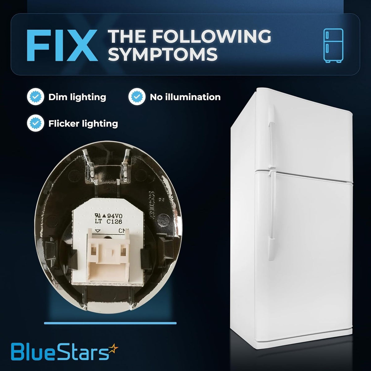 Infographic showing GE refrigerator LED light replacement symptoms like dim, flickering, or no illumination.