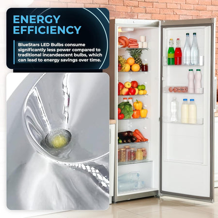 Energy efficient LED light bulb installed in a GE refrigerator, showing bright illumination.