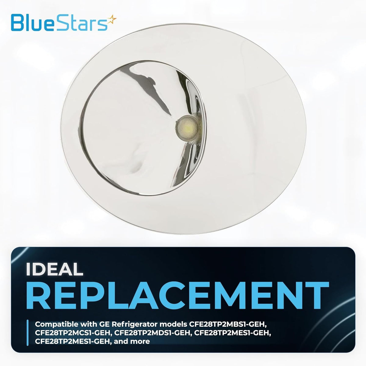 Round LED light and cover replacement for GE refrigerators, compatible with WR55X11132 and WR55X25754.