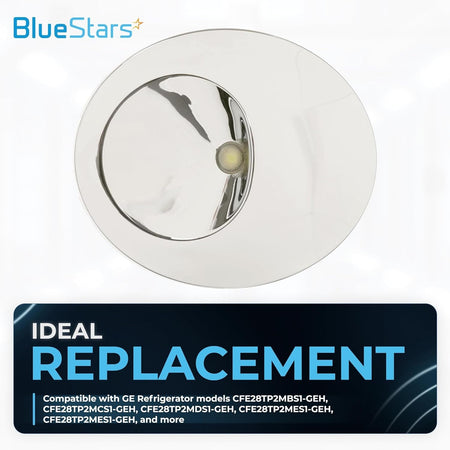 Round LED light and cover replacement for GE refrigerators, compatible with WR55X11132 and WR55X25754.