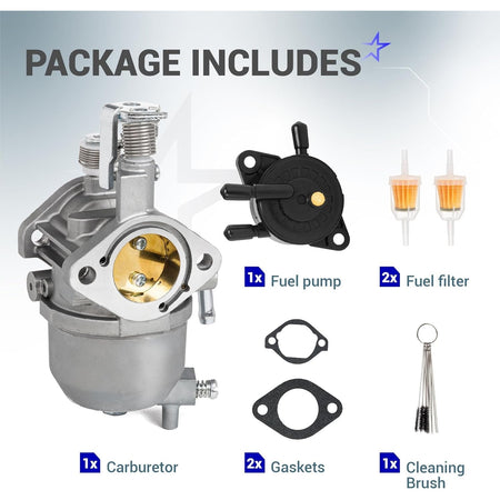 Carburetor kit for Kawasaki FJ400D engine including fuel pump, filters, gaskets, and cleaning brush.