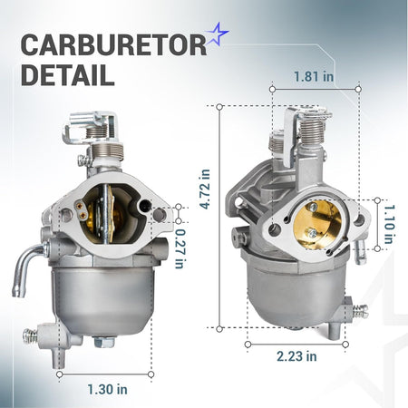 Dimensional diagram showing two angles of the Kawasaki 13HP FJ400D engine carburetor with measurement labels.