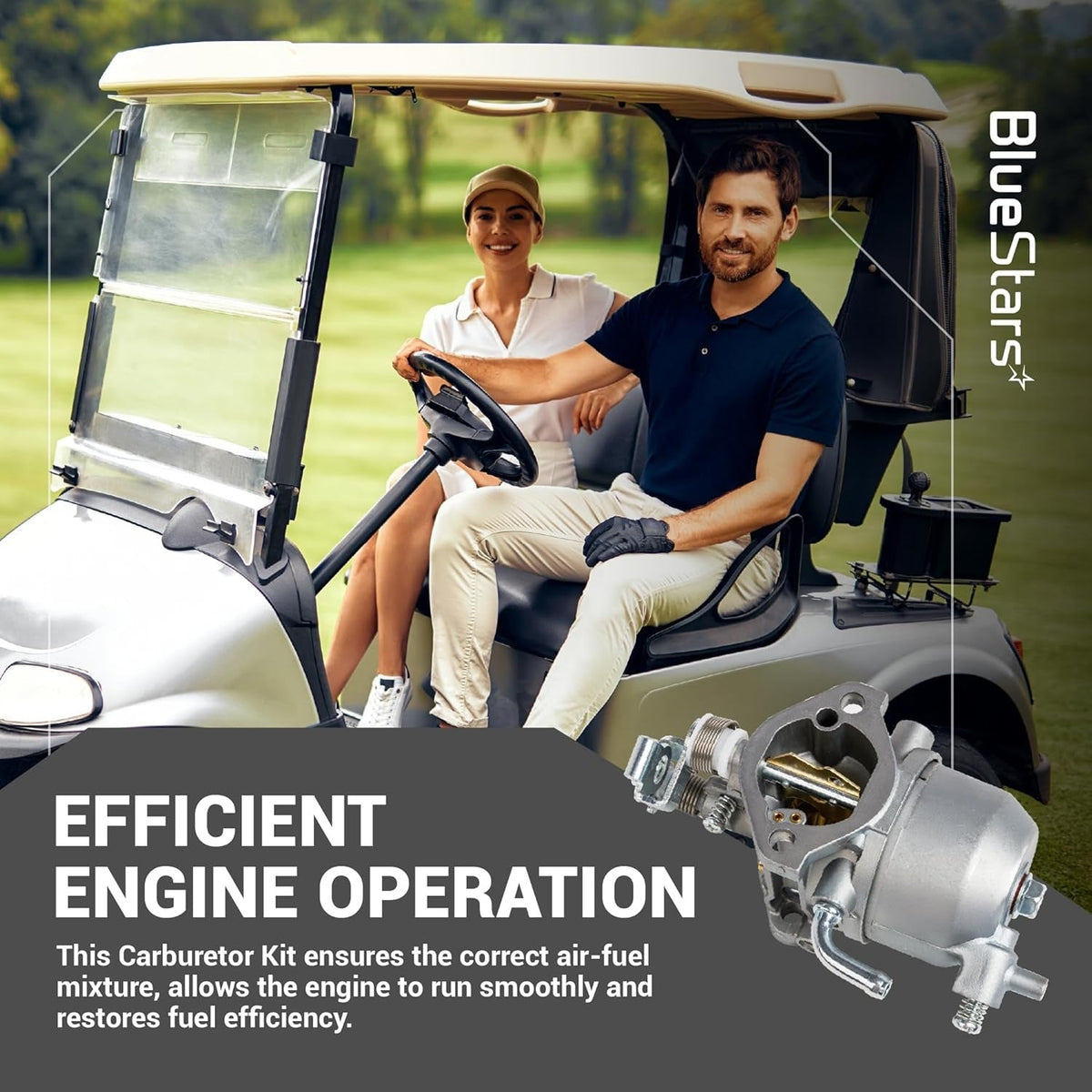 Carburetor for Kawasaki 13HP FJ400D engine used in EZGO golf carts, shown in a promotional product graphic.