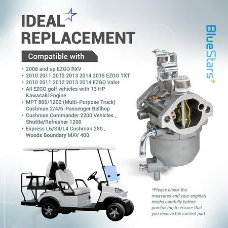 Replacement carburetor for Kawasaki 13HP FJ400D engine compatible with EZGO golf carts.