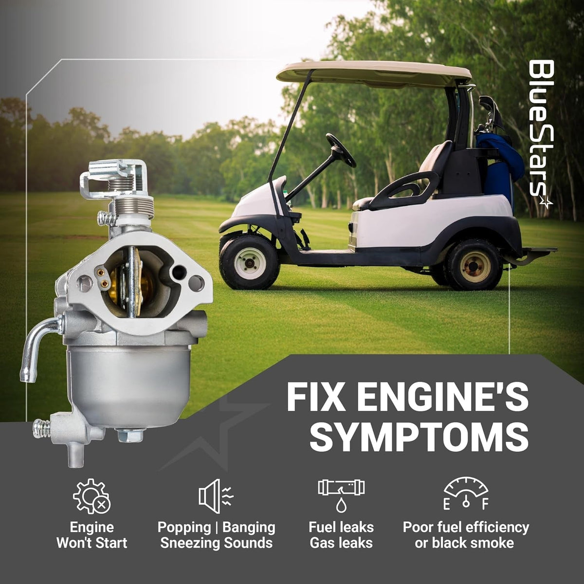 Carburetor for Kawasaki 13HP FJ400D engine shown with golf cart background and engine symptom troubleshooting guide.