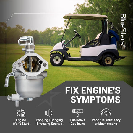Carburetor for Kawasaki 13HP FJ400D engine shown with golf cart background and engine symptom troubleshooting guide.