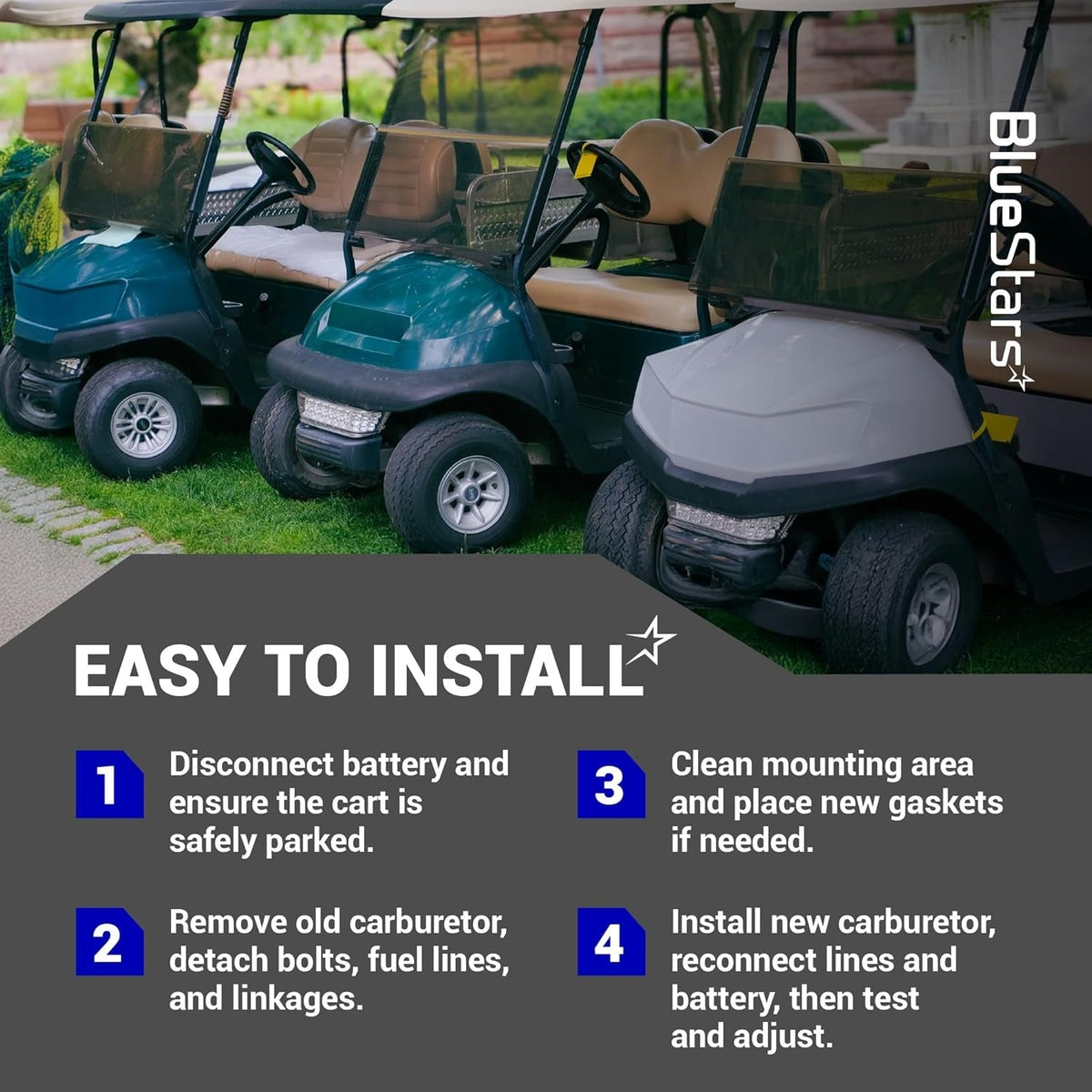 Installation guide for Kawasaki FJ400D engine carburetor kit on EZGO golf carts.