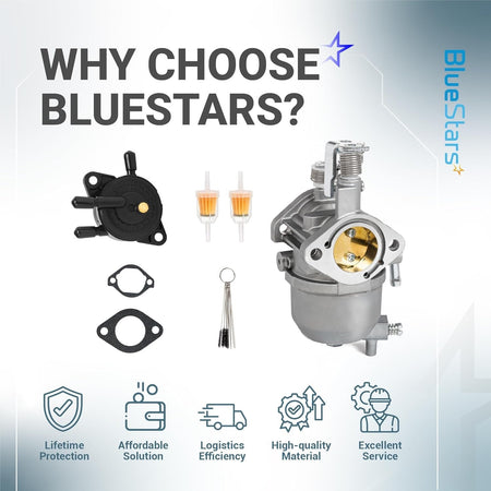 Carburetor kit for Kawasaki FJ400D engine including fuel pump, fuel filters, gaskets, and cleaning tools.